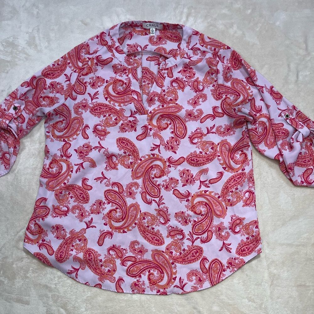 Chaus Pink Paisley Blouse Women’s Large Roll Tab Sleeve Lightweight Top